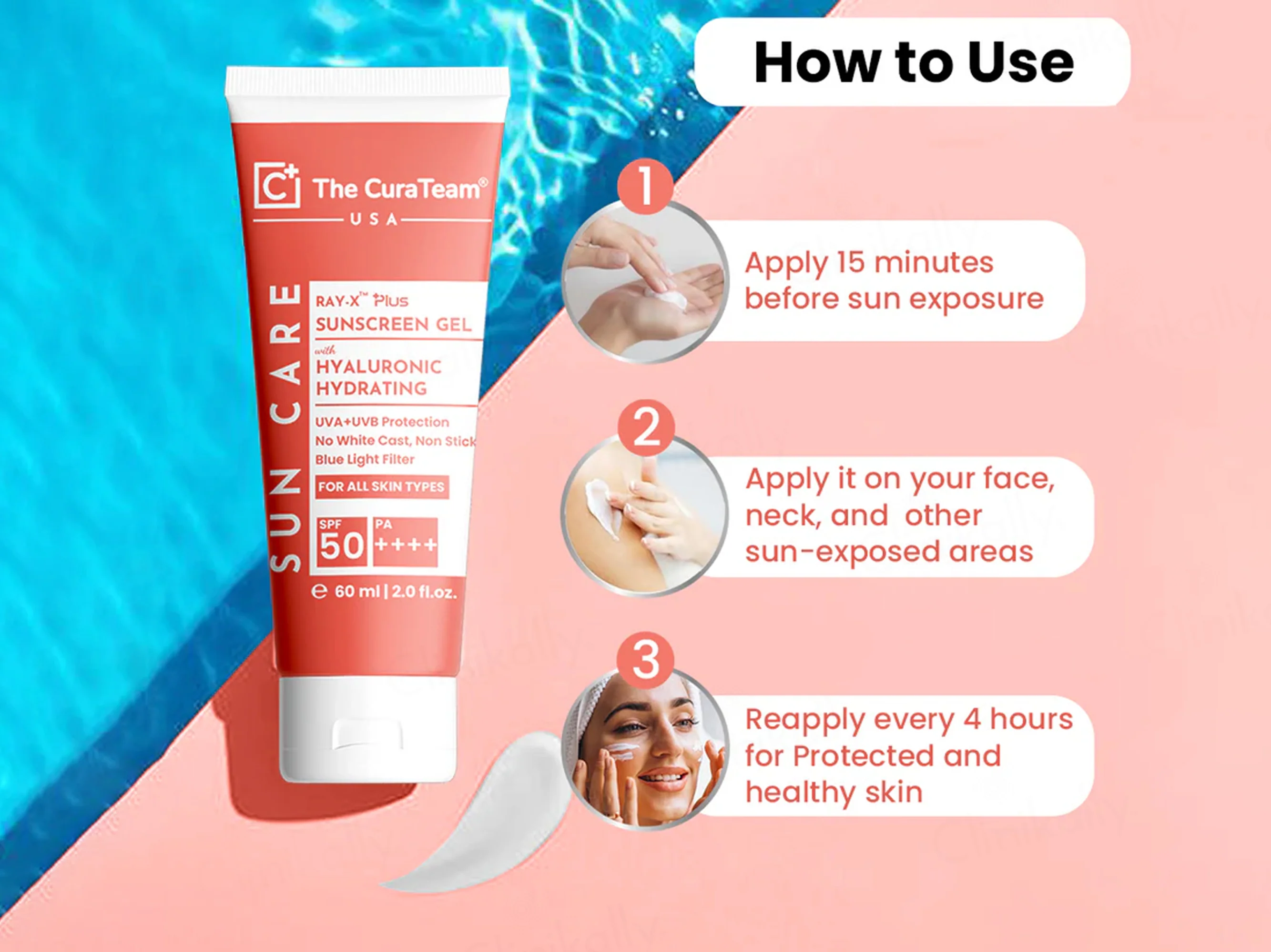 The CuraTeam Ray-X Plus Hyaluronic Hydration Sunscreen Gel SPF 50 PA++++ - Image 3