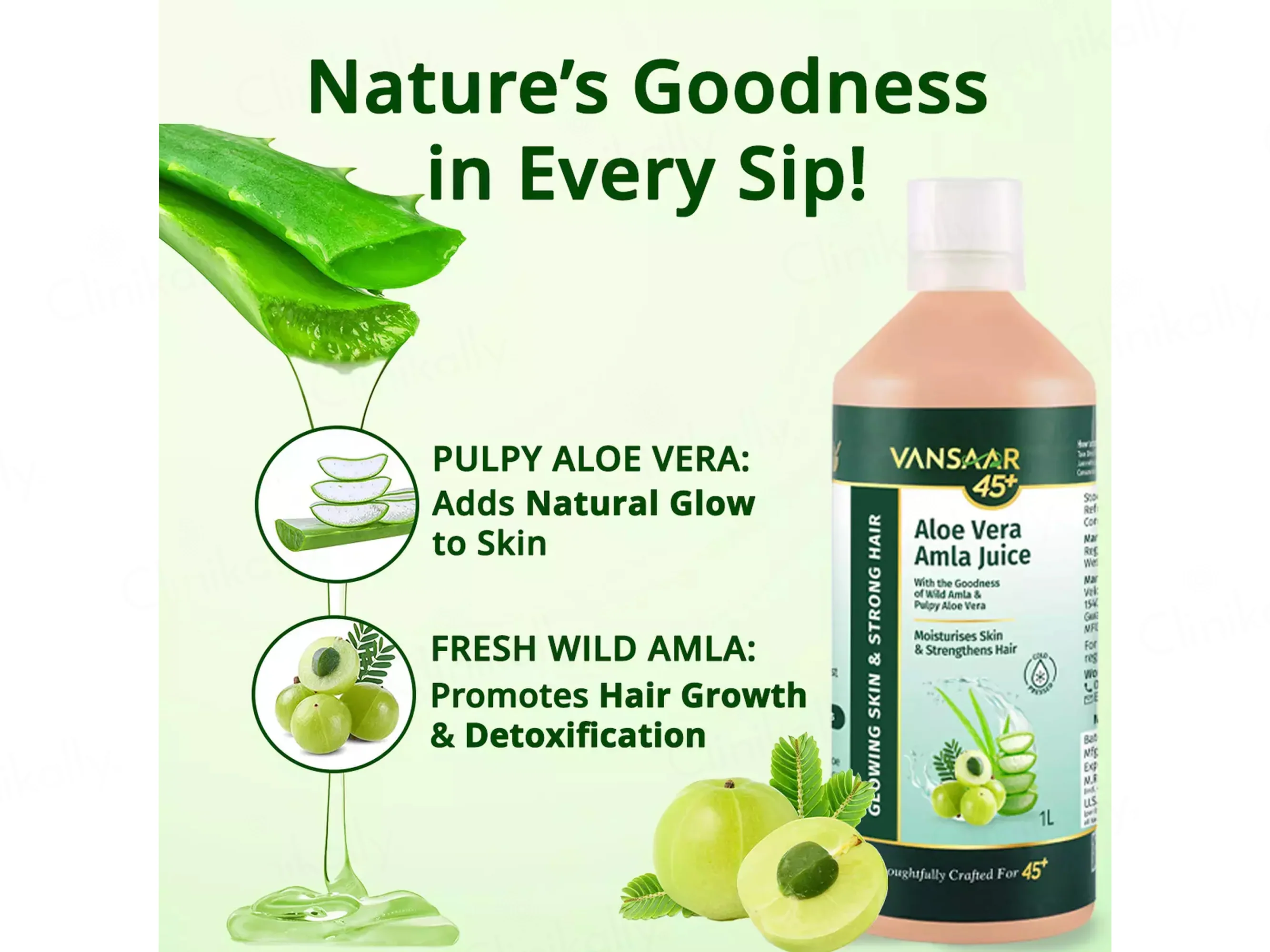 Vansaar 45+ Aloe Vera Amla Supplement Juice For Glowing Skin & Strong Hair - Image 3