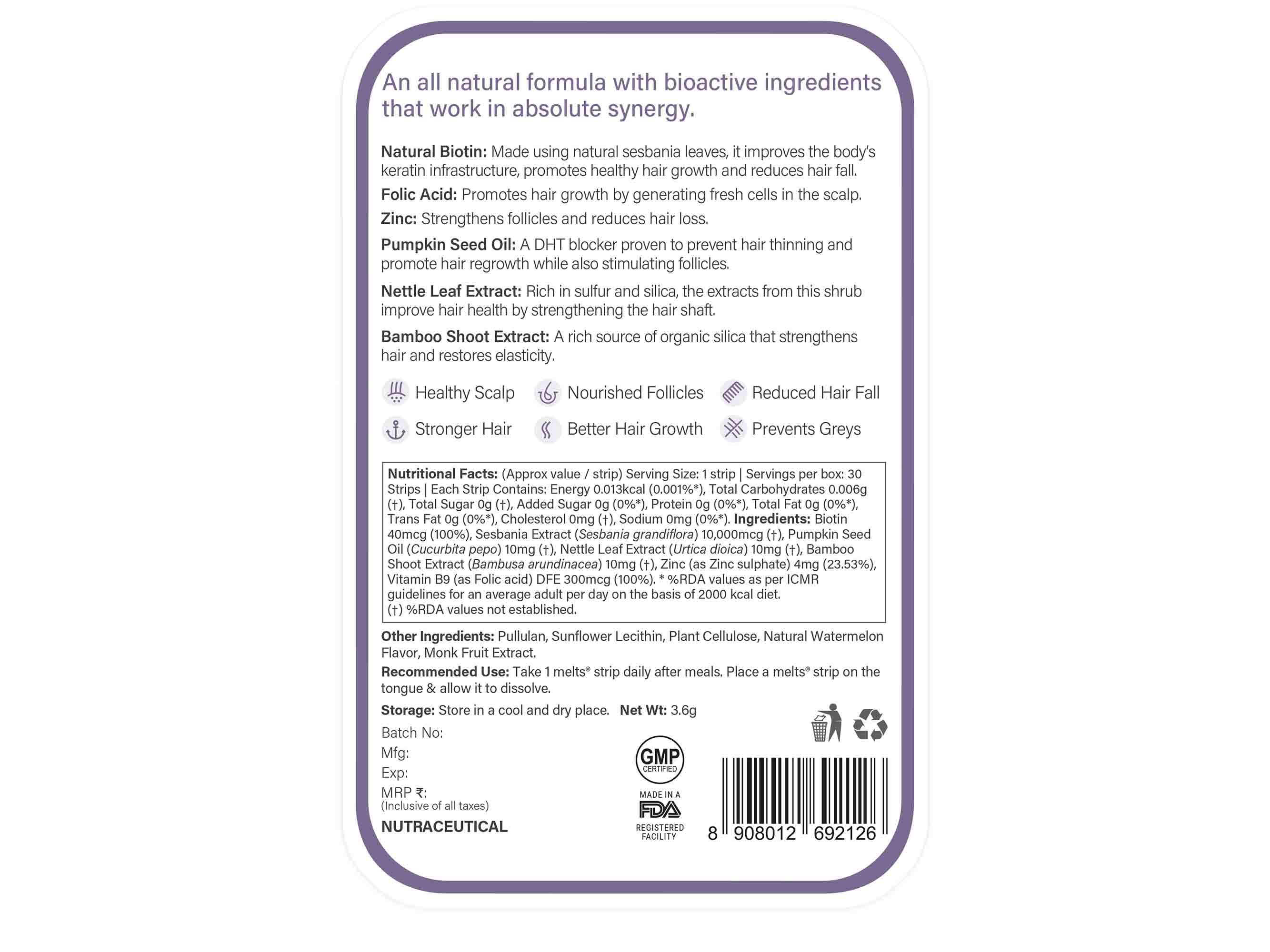 Wellbeing Nutrition Melts Into Healthy Hair Oral Strip - Tropical Watermelon Flavour - Image 2
