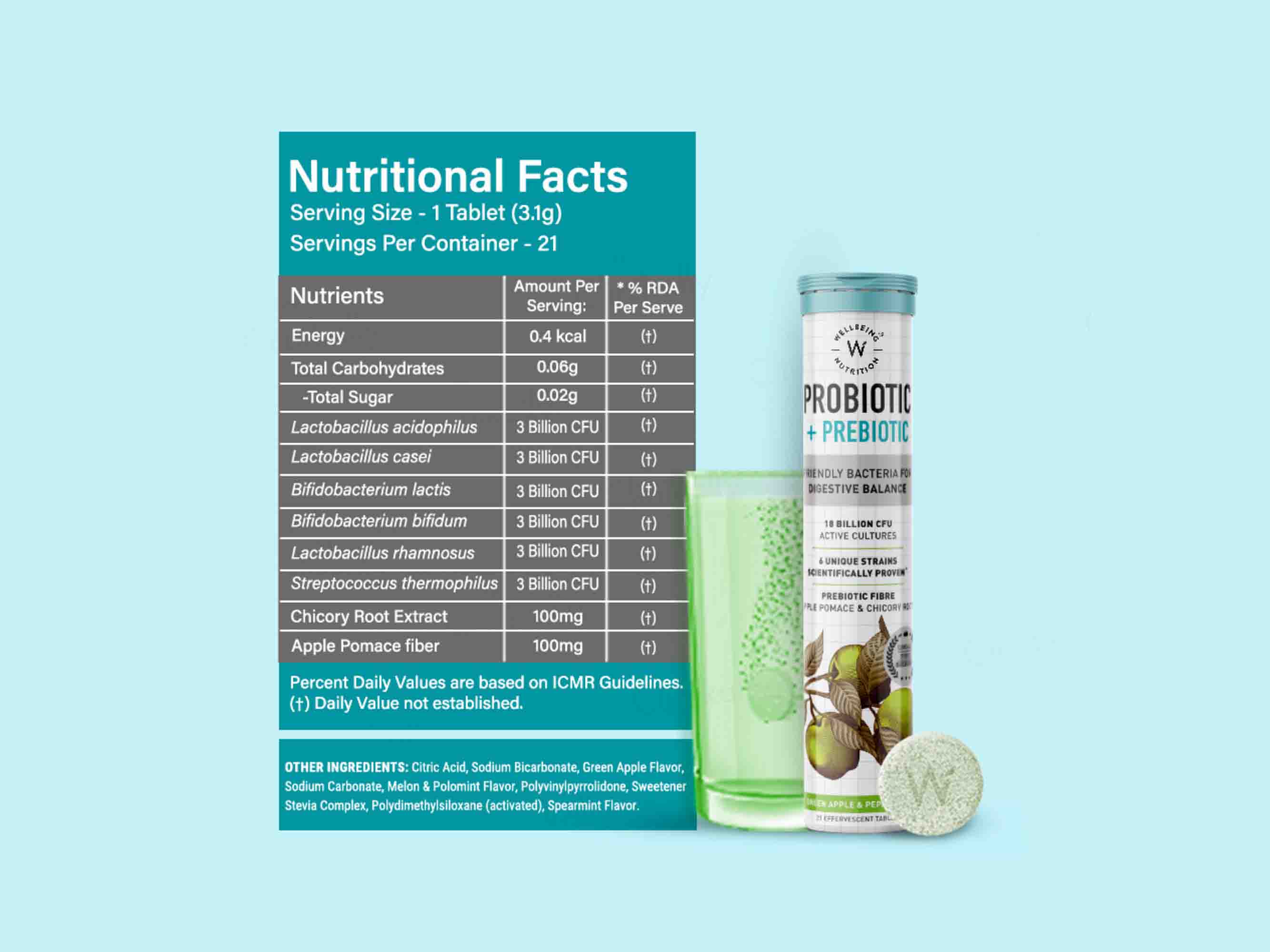 Wellbeing Nutrition Probiotic + Prebiotic Tablet - Green Apple & Peppermint Flavour - Image 7